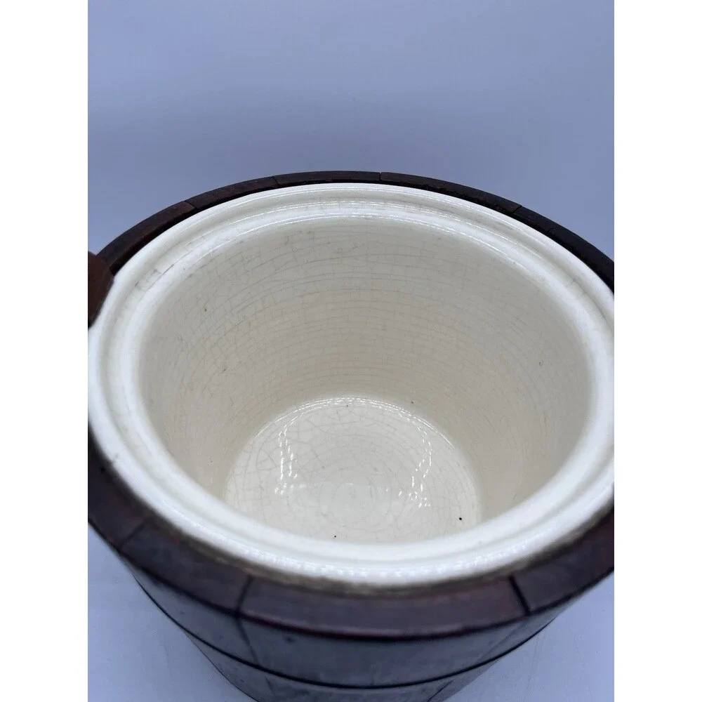 Antique Primitive Porcelain Lined Biscuit/Tobacco Jar/Ice Bucket Wooden Barrel